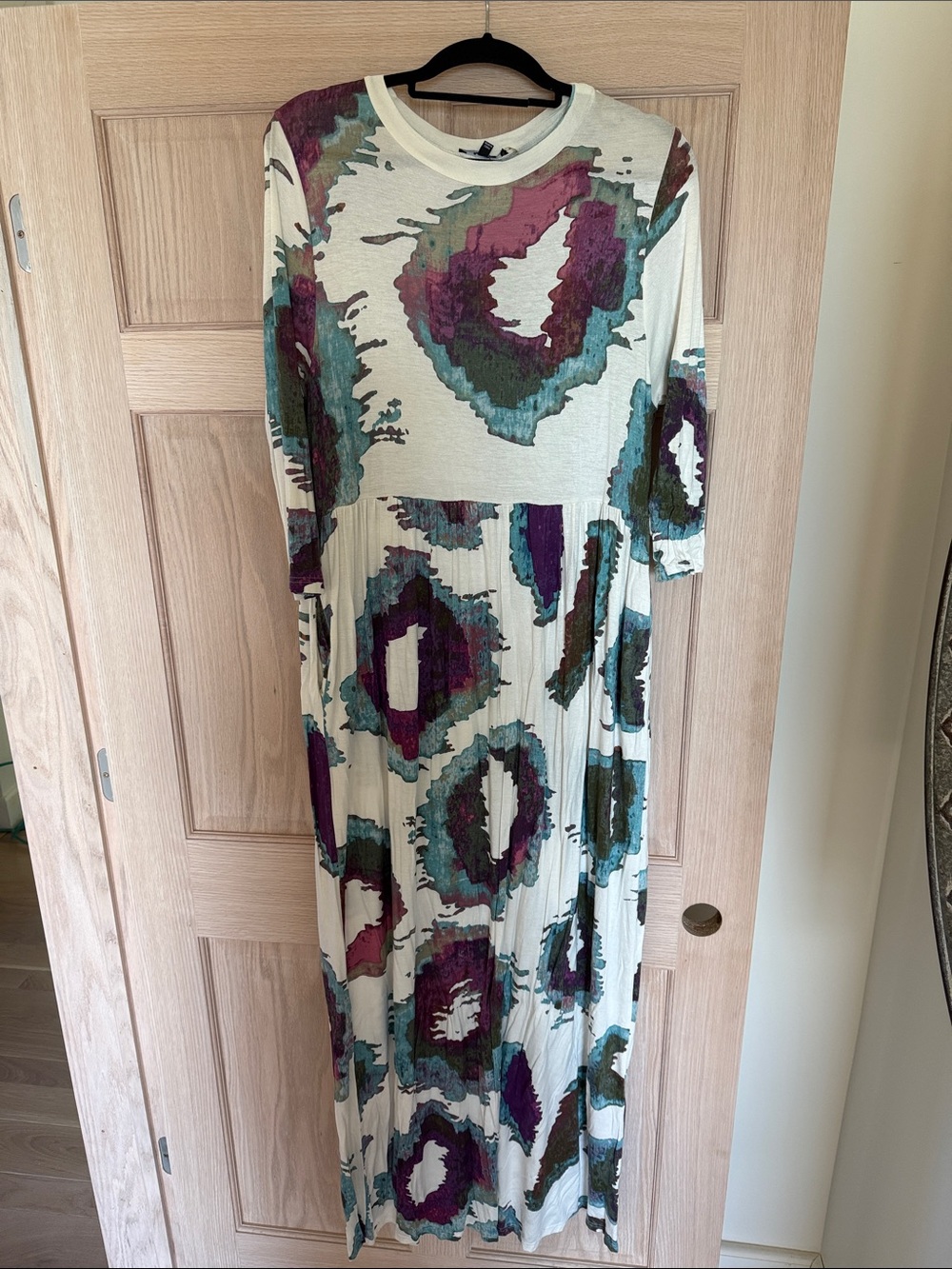 Women's Long Sleeve Maxi Dress in Cream with Teal & Purple Print